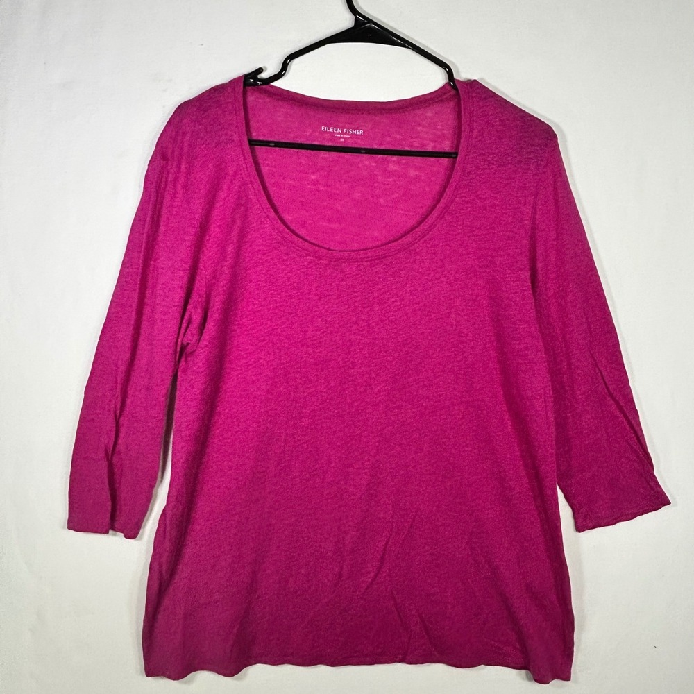 Eileen Fisher Magenta Pink 100% Linen Scoop Neck 3/4 Sleeve Top Womens Medium
